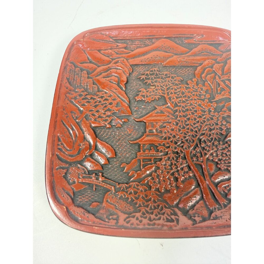 Appitizer Plates Set 3 Vintage Japanese Cinnabar Lacquer Ware Oriental Pagoda - Picture 4 of 12